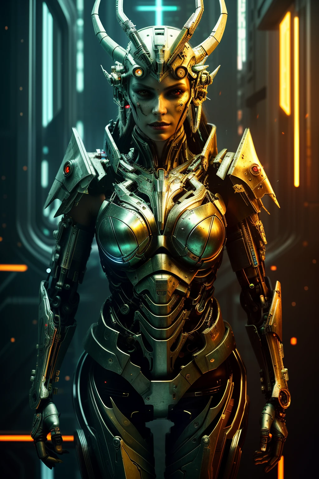 [SH4G0D:1], a beautiful cyborg warrior girl cyberpunk sensual vampiric beautiful body beautiful face in big breasts bionic legs bionic arms armor in an intricate futuristic cyberpunk city ultra detailed 8k extremely realistic[cabelo fluorescente:1]