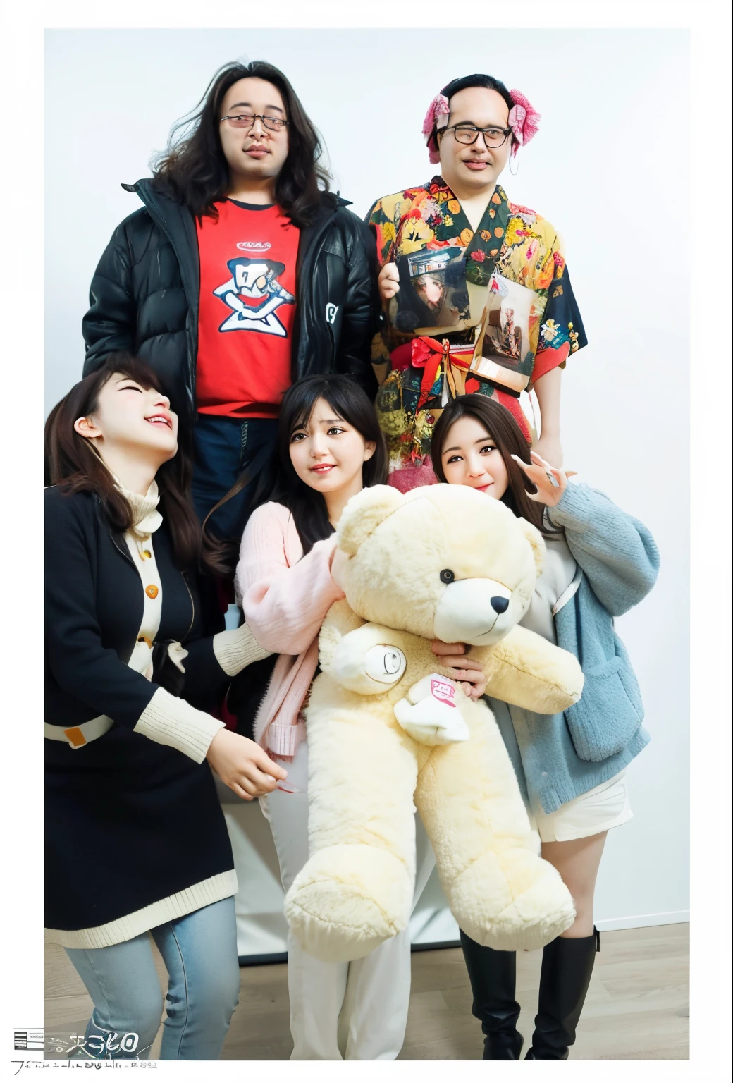 (a group of) five people posing with a large teddy bear, Canon 80D photography, H. displays in d, Canon EOS 5D photography, Sony alpha 9 photography, Japanese series products, plush photography, Canon eos 5d mark IV photography, AS-adult, product showcase photos, imitation, photo shooting, group photo, artist, rising trend