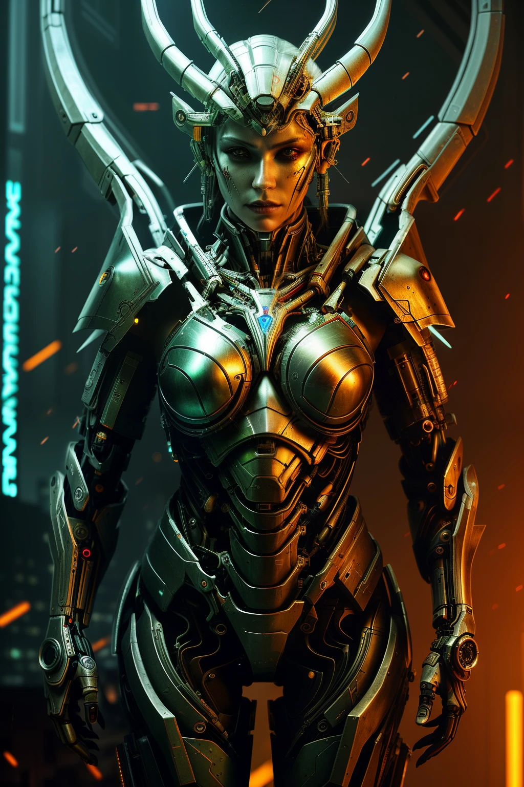 [SH4G0D:1], a beautiful cyborg warrior girl cyberpunk sensual vampiric beautiful body beautiful face in big breasts bionic legs bionic arms armor in an intricate futuristic cyberpunk city ultra detailed 8k extremely realistic[cabelo fluorescente:1]