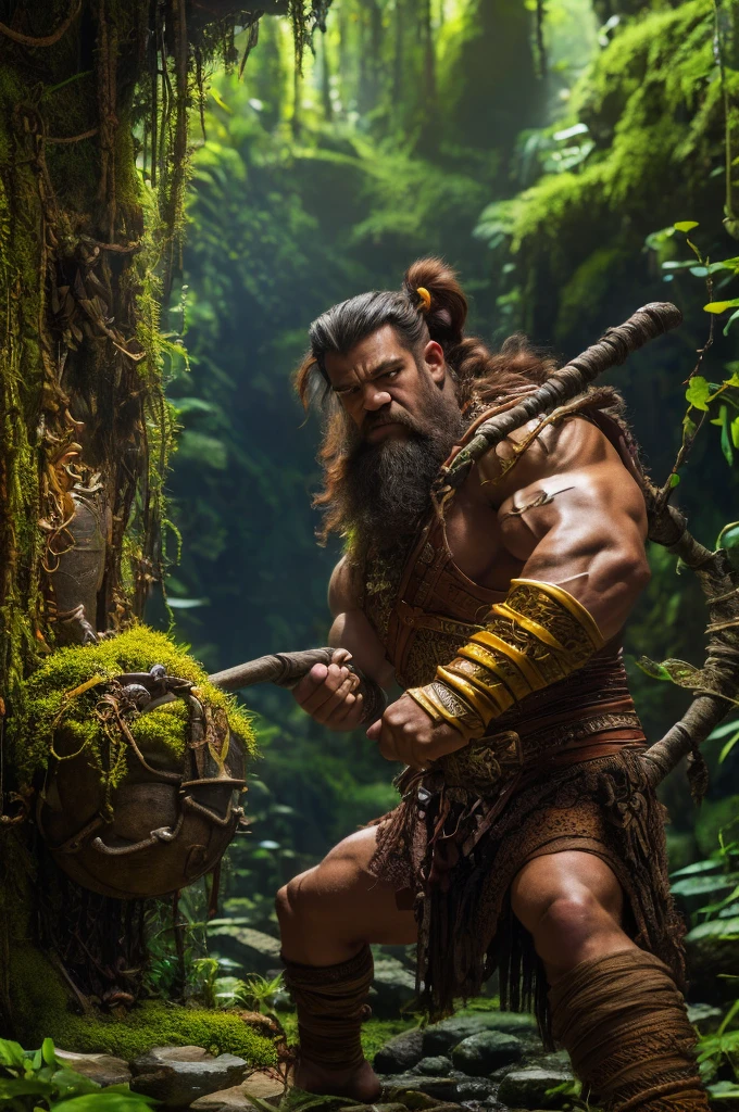 Realista, Art style by Alex Horley, dwarf bodybuilder man short dark skin reddish high mohawk hair, giant boar pet, dressed in cloth vine leaves, wielding a rustic staff, concentrated meditating yellow aura in one of the fists, Amazon rainforest scenery, images in ultra HD 8k definition.