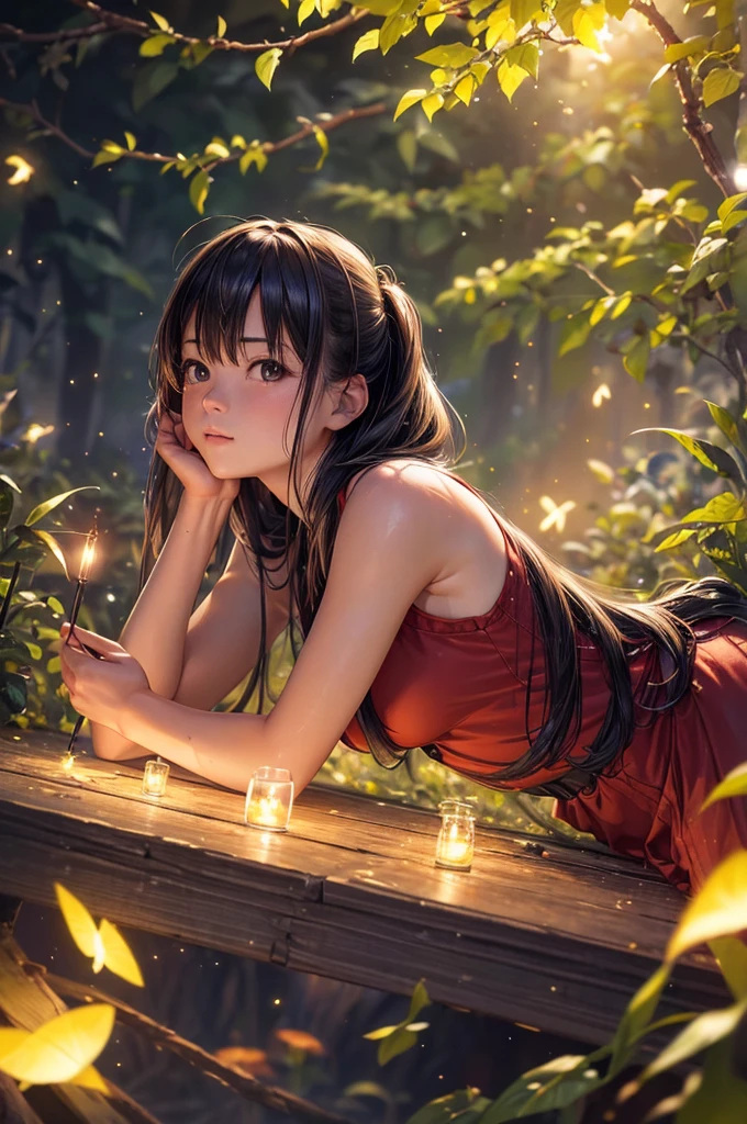 (8K, of the highest quality, masutepiece: 1.2), (Realistic, Photorealistic: 1.37), Super Detail, One girl, Wide-angle angle of view, Firefly Garden, There are many small faint lights and fireflies flying around, Night
