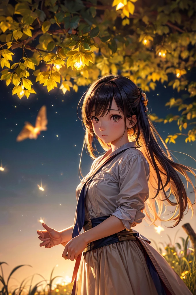 (8K, of the highest quality, masutepiece: 1.2), (Realistic, Photorealistic: 1.37), Super Detail, One girl, giga_busty, Wide-angle angle of view, Firefly Garden, There are many small faint lights and fireflies flying around, Night