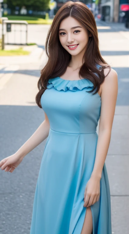 ((Best quality, 8k, Masterpiece :1.3)), 1girl, smiling, full body, slim face, Pretty woman, (Dark brown hair), full length dress :1.1, Ultra-detailed face, Detailed eyes, Double eyelid, blur background, slim face, city, outside, street, blue