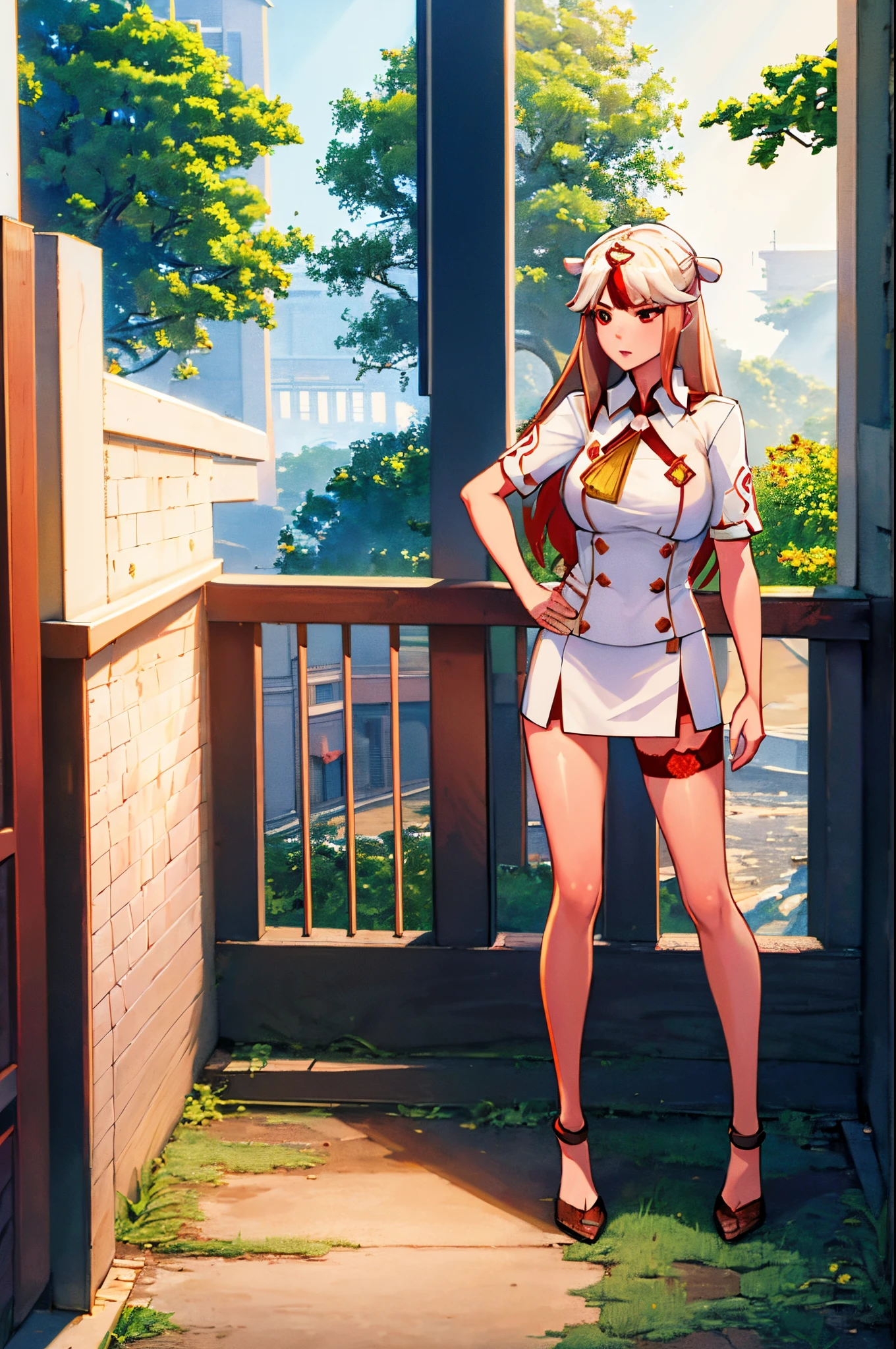 Ningguang from Genshin Impact, handsome girl, a sexy girl, white hair with red streak, blonde woman, upskirt, stockings, sexy and beautiful girl, soviet surroundings, style of the USSR, pioneer counselor clothing, Soviet Aesthetics, USSR aesthetics, erotica, Soviet Union, USSR, hentai, everlasting summer style