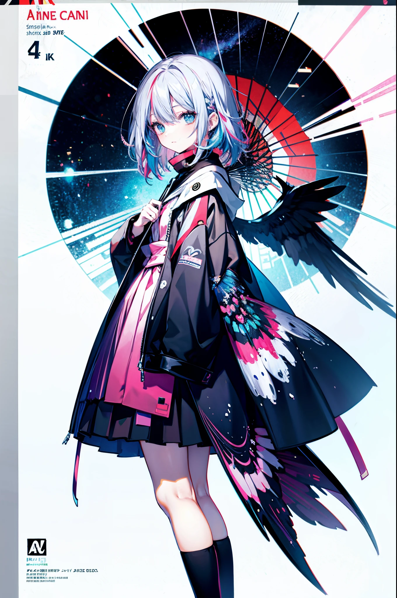 Anime girl with colorful wings and black umbrella,Long gray hair, Anime art wallpaper 4k, Anime art wallpaper 4k, Anime art wallpaper 8 K, beautiful anime artwork, Anime style 4k, anime abstract art, beautiful anime art, Artwork in anime style, beautiful anime art style, anime style art, anime colours, anime illustration, Digital art on Pixiv, Anime style illustration