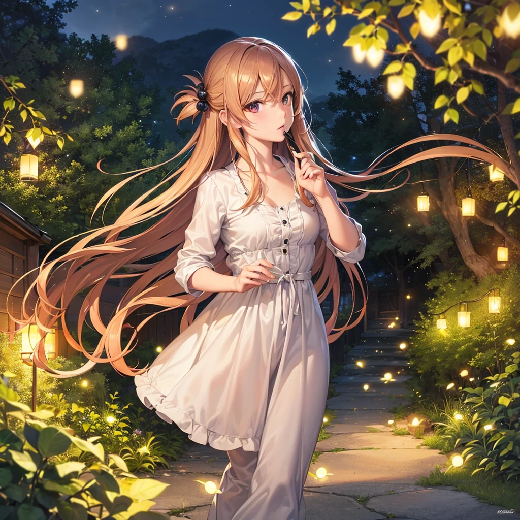 masterpiece, best quality, very aesthetic, absurdres, newest,1girl,naked_shirt, covered_nipples, ,asuna_(sao), sword_art_online, brown_eyes, brown_hair, long_hair, very_long_hair, braid, french_braid,,,besides a blue lake, night sky,stars,forest,Reflections in the water,