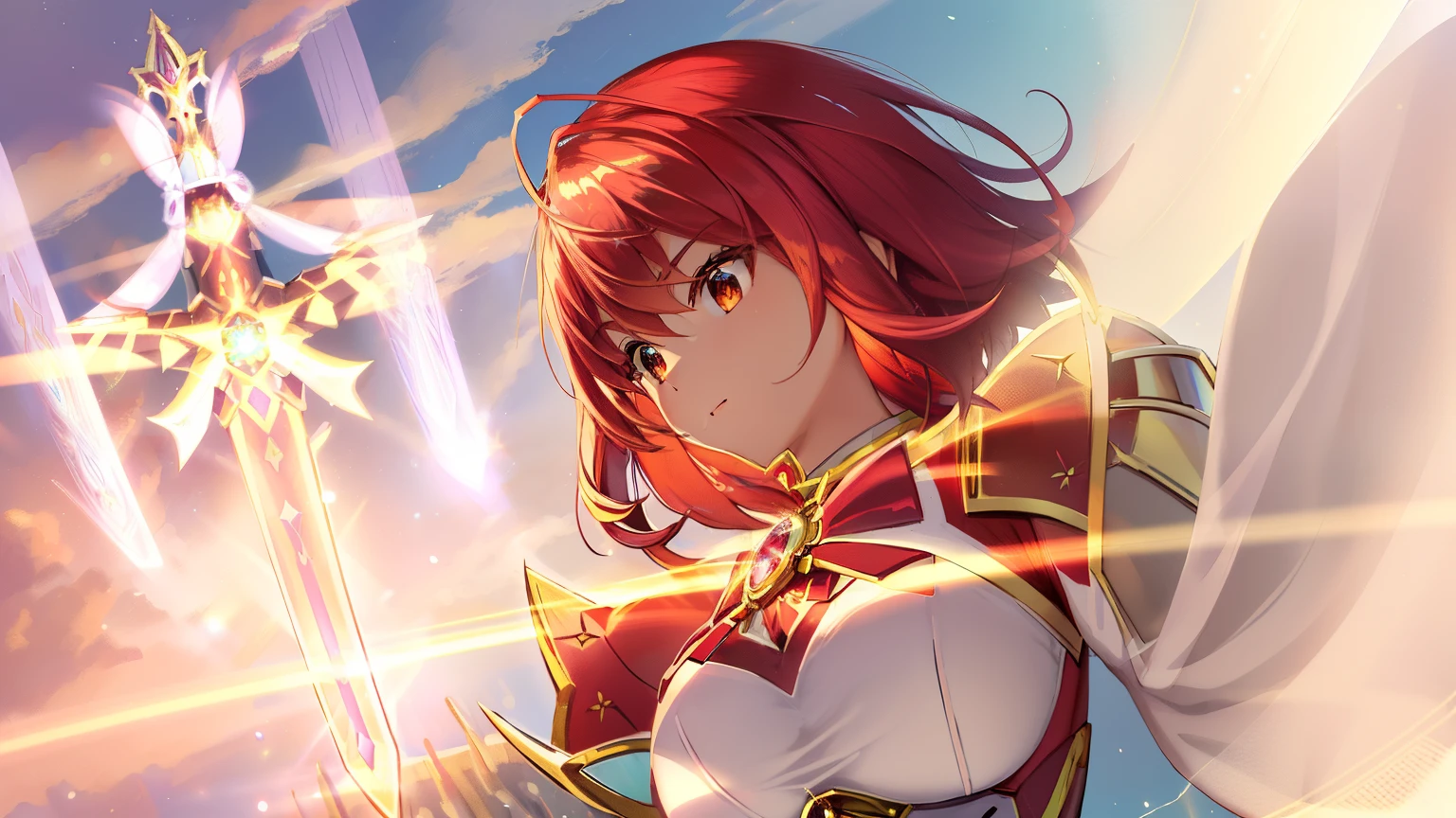 Close-up of a girl in a white dress costume with a sword, knights of zodiac girl, portrait knights of zodiac girl, Girl with short red hair, Brown-eyed girl, Muscular woman, feminine and muscular, Shining ruby armor, seductive princess knight, Dressed in light armor, Dress Armor Girl, huge tit, with large breasts, oppai, Shiny ruby armor, princess intergalactica, Crystal Ruby Armor, rei hino as a princess, High quality anime art style, smooth anime cg art, Princess Knight, digital manga art, magical girl anime mahou shojo, Ruby Princess, Ruby reflective armor,