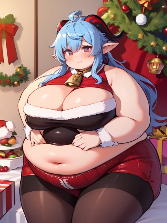 ((masterpiece)), 4K, highdes, Obese Ganyu, Christmas suit, horns, bell in neck, Large Breastas, fat thick thighs, fat belly, fat arms, cute face, no show ears, hair over ears, panties christmas, bedroom, night, rubbing belly in heart form with hand, very food christmas