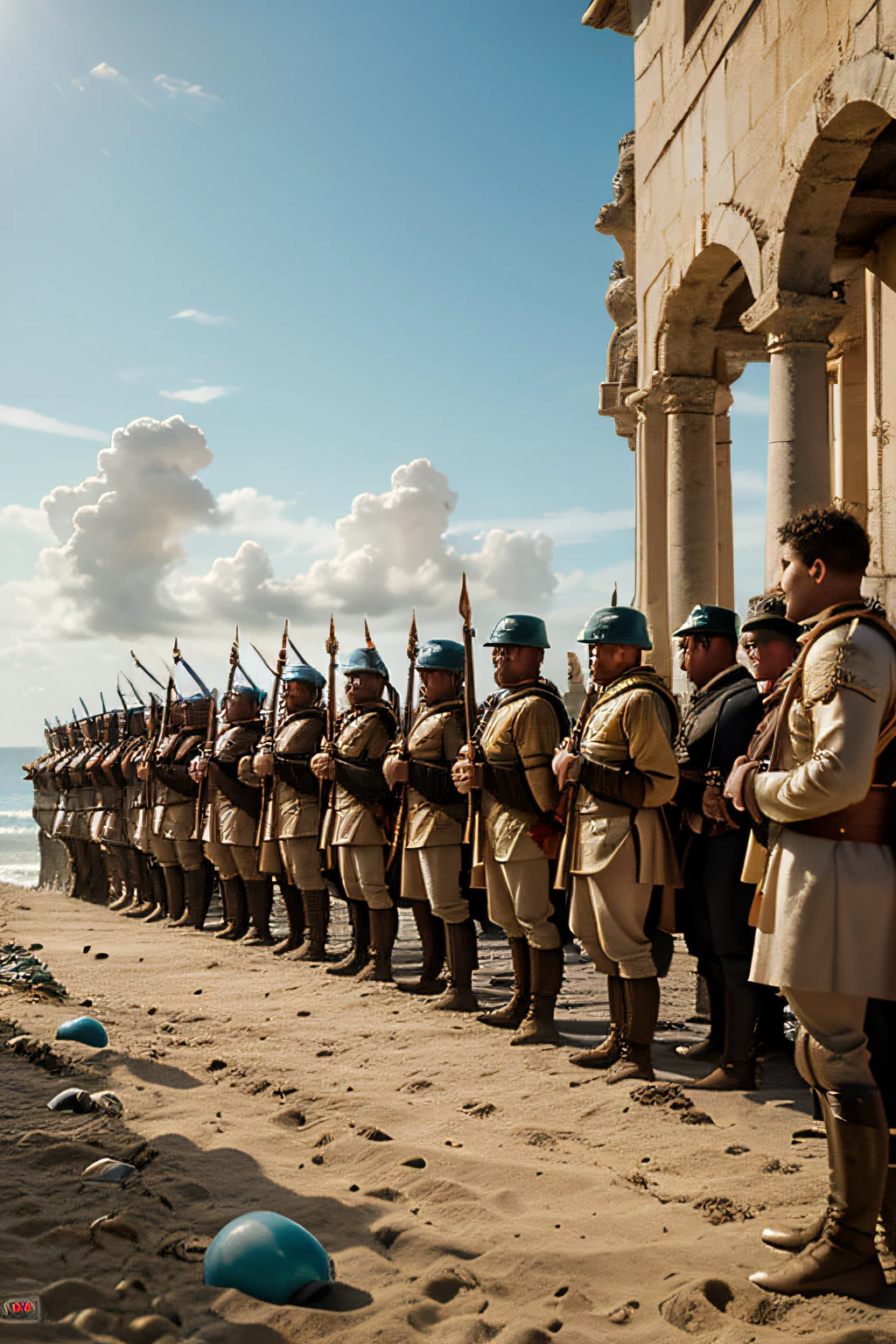 "Emperor Caligula's Seashell War": Generate an image depicting a legion of Roman soldiers lined up at the shore, collecting seashells triumphantly. Show the absurdity of this declaration of war on Neptune, the god of the sea. Capture the soldiers' expressions—mixing confusion, determination, or amusement.