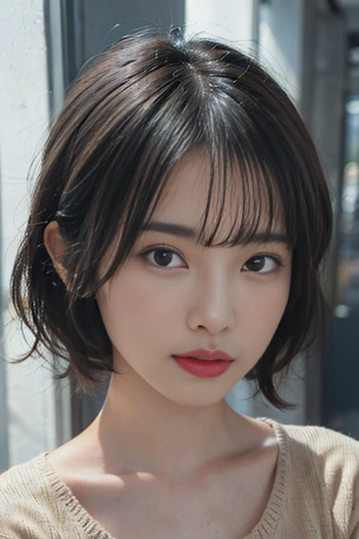 (masterpiece:1.3), (8k, photorealistic, RAW photo, best quality: 1.4), (1girl), beautiful face, (realistic face), (black hair, short hair:1.3), beautiful hairstyle, realistic eyes, beautiful detailed eyes, (realistic skin), beautiful skin, (sweater), absurdres, attractive, ultra high res, ultra realistic, highly detailed, golden ratio
