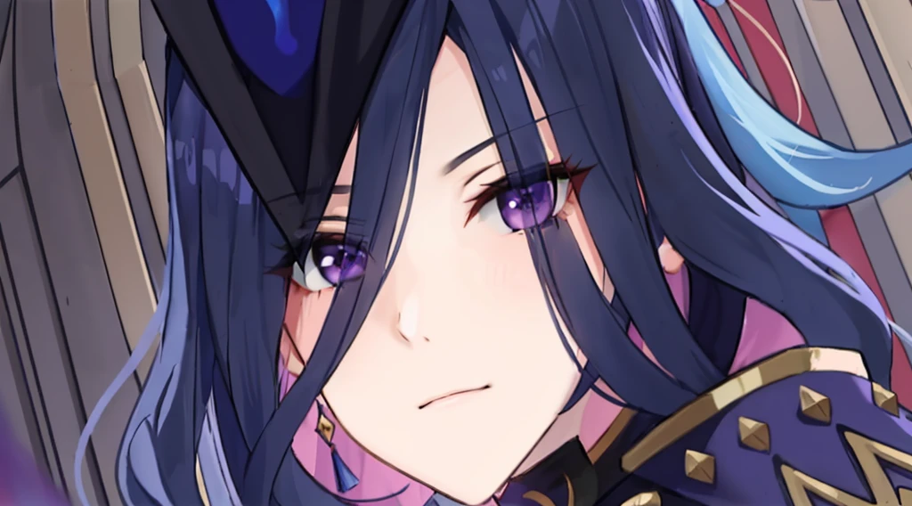 Close-up of a woman with long hair and purple eyes, Ayaka Genshin impact, ayaka game genshin impact, 《the original god》Keqing in, black-haired mage, Fire Emblem Lucina, 《the original god》Zhongli in Zhongli, Zodiac Girl Knight Portrait, onmyoji portrait, mischievous giggle, Heavy eyes turned to one side