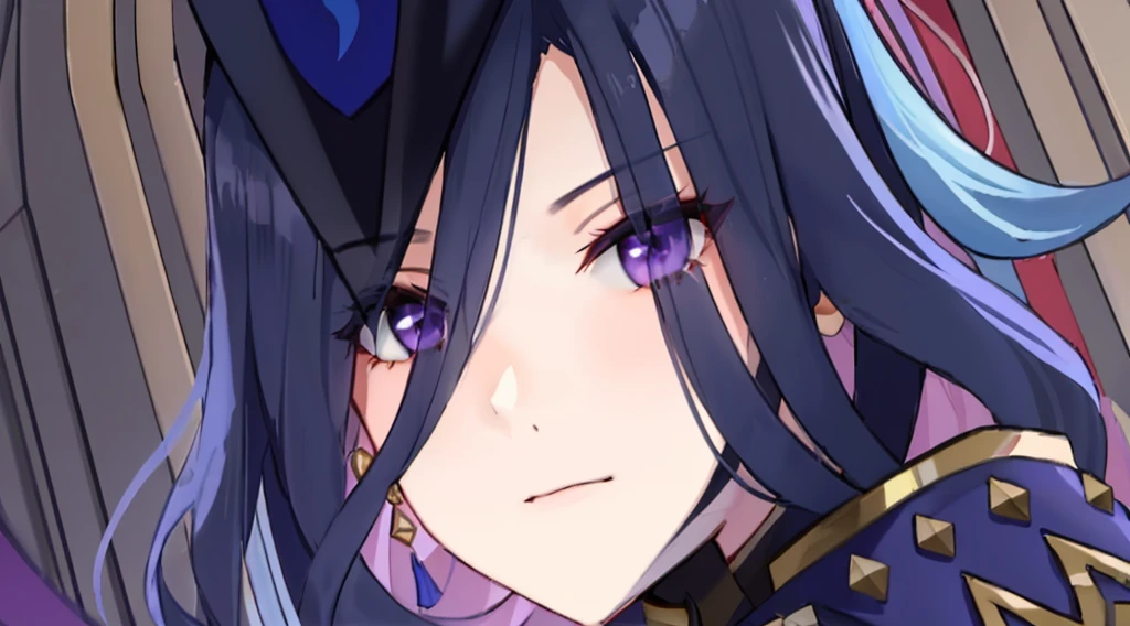 Close-up of a woman with long hair and purple eyes, Ayaka Genshin impact, ayaka game genshin impact, 《the original god》Keqing in, black-haired mage, Fire Emblem Lucina, 《the original god》Zhongli in Zhongli, Zodiac Girl Knight Portrait, onmyoji portrait, mischievous giggle, Heavy eyes turned to one side