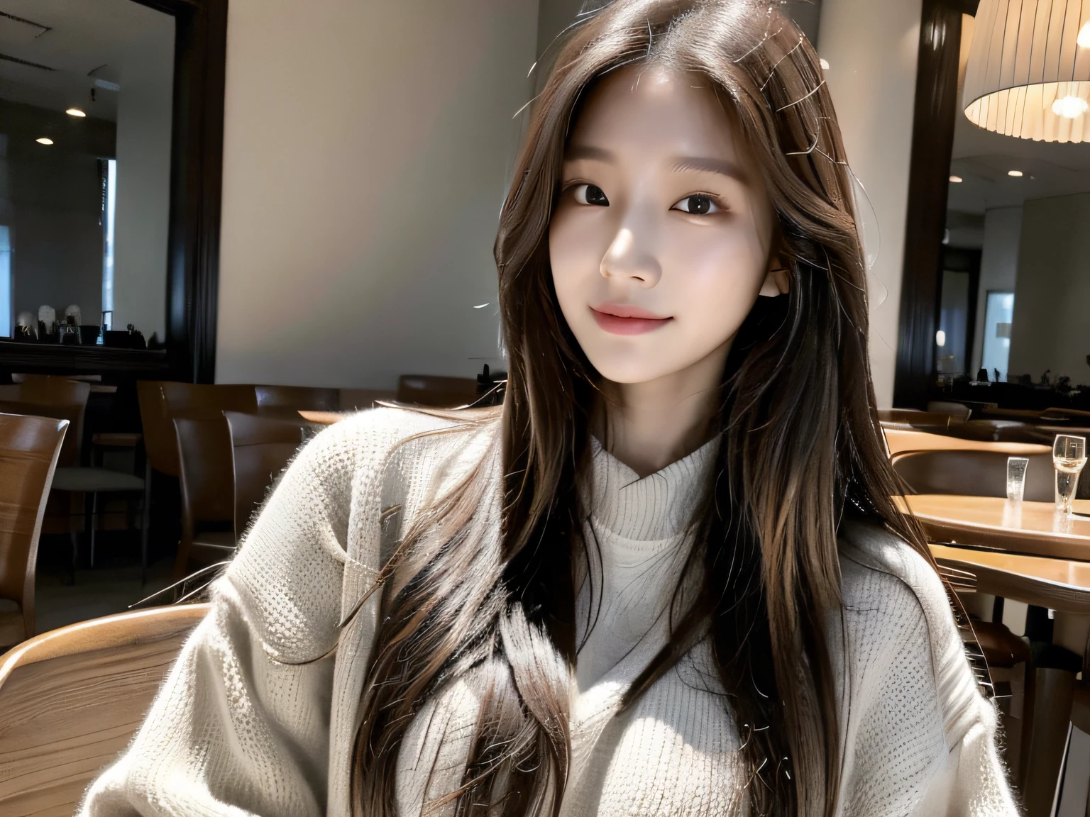 there is a woman with long hair sitting at a table, jaeyeon nam, gorgeous young korean woman, 8k selfie photograph, korean girl, heonhwa choe, korean woman, 2 , beautiful south korean woman, ash blond greyish hair, 2 7 years old old, pokimane, hair