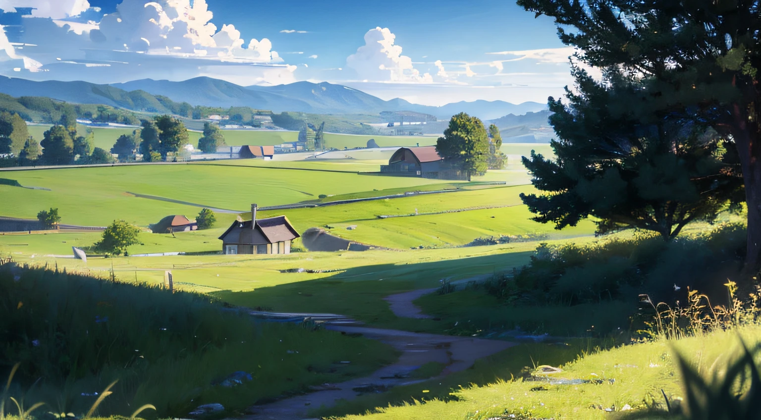 anime, background, countryside, home, grassfield, frontview, 4k, high res, landscape