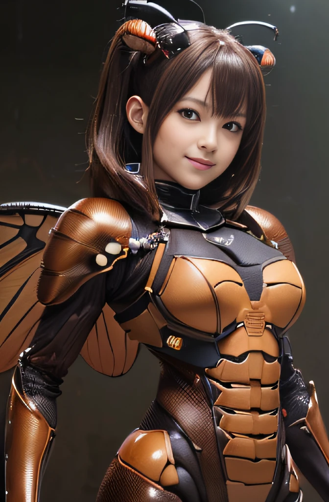 (high resolution,masterpiece,best quality,extremely detailed CG, anime, official art:1.4), realistic, photo, amazing fine details, all intricate, gloss and shiny,awesome many layers, 8k wall paper, 3d, sketch, kawaii, illustration,( solo:1.4), perfect female proportion,villainess, (fusion of dark brown cockroach and lady:1.4), (brown cockroach form lady:1.2), (brown cockroach lady:1.2), (fusion:1.2), (solo:1.4), (evil smile:1.2), muscular, abs, (cockroach brown exoskeleton bio insect suit:1.4), (cockroach brown exoskeleton bio insect armor:1.2), (brown transparency cockroach wing:1.4), (brown cockroach antennae:1.3),