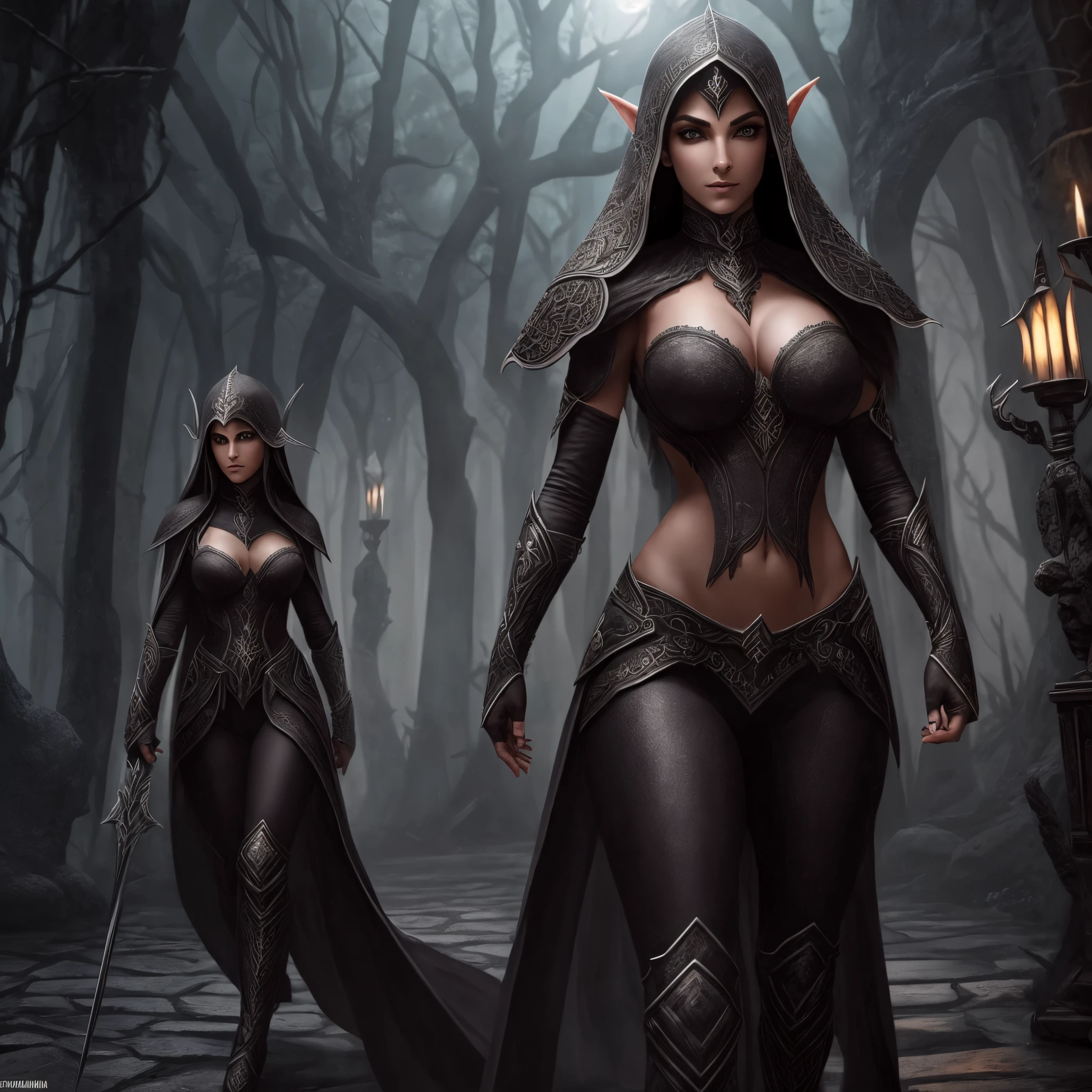 (Obra prima), melhor qualidade, Dark female elf, maligna, demoniaca, corrompida pelas trevas, linda, cara bonita, corpo bonito, cabelos pretos, usando armadura, walking towards the viewer, em noite de lua de sangue(lua vermelha) 8k, extremamente detalhado, ultra realistic