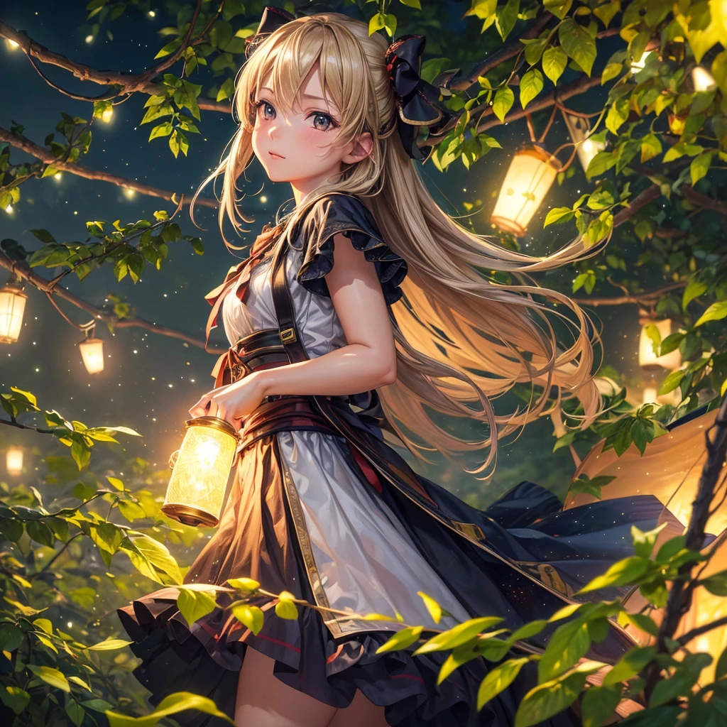 (8K, of the highest quality, masutepiece: 1.2), (Realistic, Photorealistic: 1.37), Super Detail, One girl, giga_busty, Wide-angle angle of view, Firefly Garden, There are many small faint lights and fireflies flying around, Night