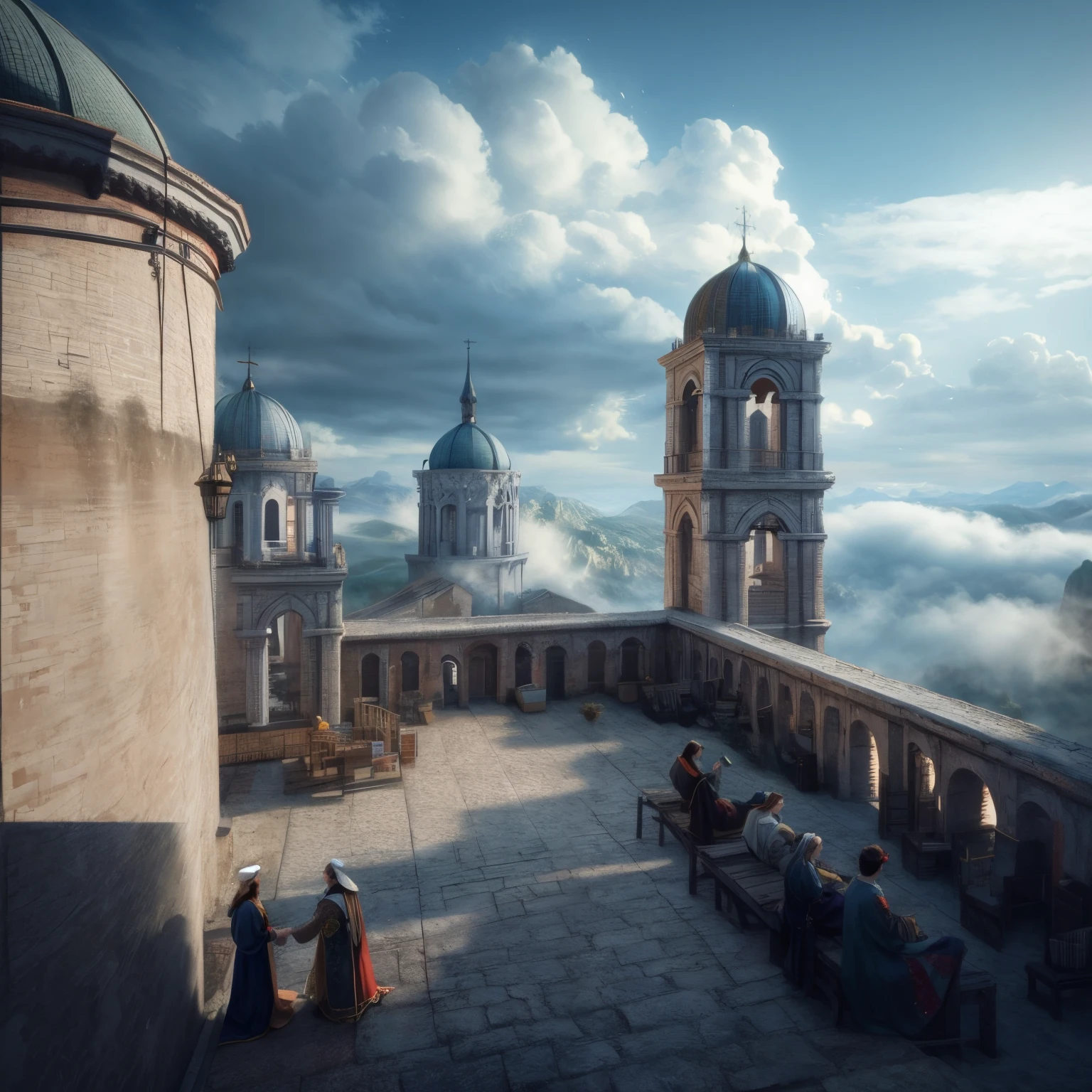 there are two towers with bells on top of a building, 3D render e pintura fosca, pintura fosca em estilo fantasia, pintura fosca extravagante, pintura fosca requintada, pintura fosca altamente detalhada, amazing exquisite matte painting, pintura fosca de alta qualidade, pintura fosca impressionante, pintura fosca bonita, pintura fosca fotorrealista, Pintura fosca renderizada em 3D, pintura fosca bonita, illustration matte painting
