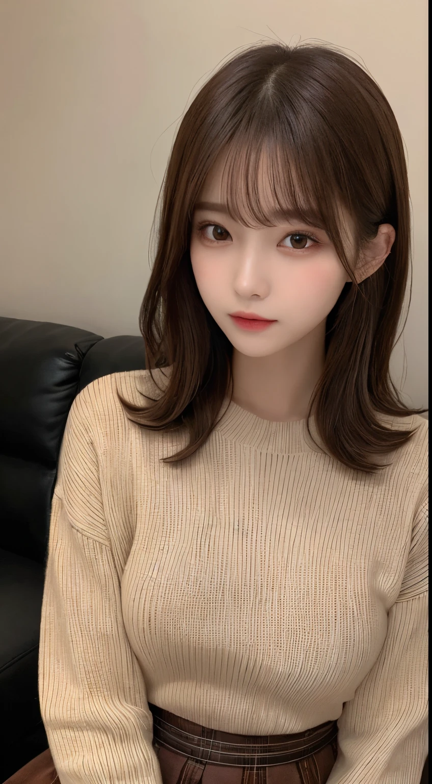 finely detail, hight resolution, hightquality、Perfect dynamic composition, Beautiful detailed eyes, Medium Hair, small tits 、Natural Color Lip, Squat down on the sofa with your legs crossed,Kamimei、lounging、college aged、1 persons、Transparent skin、Glowing hair、masutepiece, Best Quality, Illustration, Ultra-detailed, finely detail, hight resolution, 8K,Sweaters(Light brown)And long skirts(A black),Cheek cane with both hands,Anatomically correct condition,Cute,KPOP Idol Face,Perfect and beautiful face