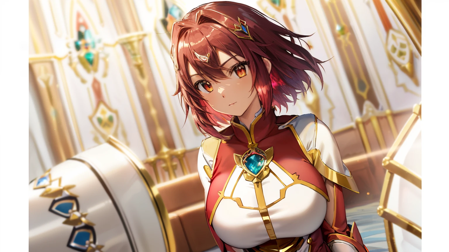 Close-up of a girl in a white dress costume with a sword, knights of zodiac girl, portrait knights of zodiac girl, Girl with short red hair, Brown-eyed girl, Muscular woman, feminine and muscular, Shining ruby armor, seductive princess knight, Dressed in light armor, Dress Armor Girl, huge tit, with large breasts, oppai, Shiny ruby armor, princess intergalactica, Crystal Ruby Armor, rei hino as a princess, High quality anime art style, smooth anime cg art, Princess Knight, digital manga art, magical girl anime mahou shojo, Ruby Princess, Ruby reflective armor,