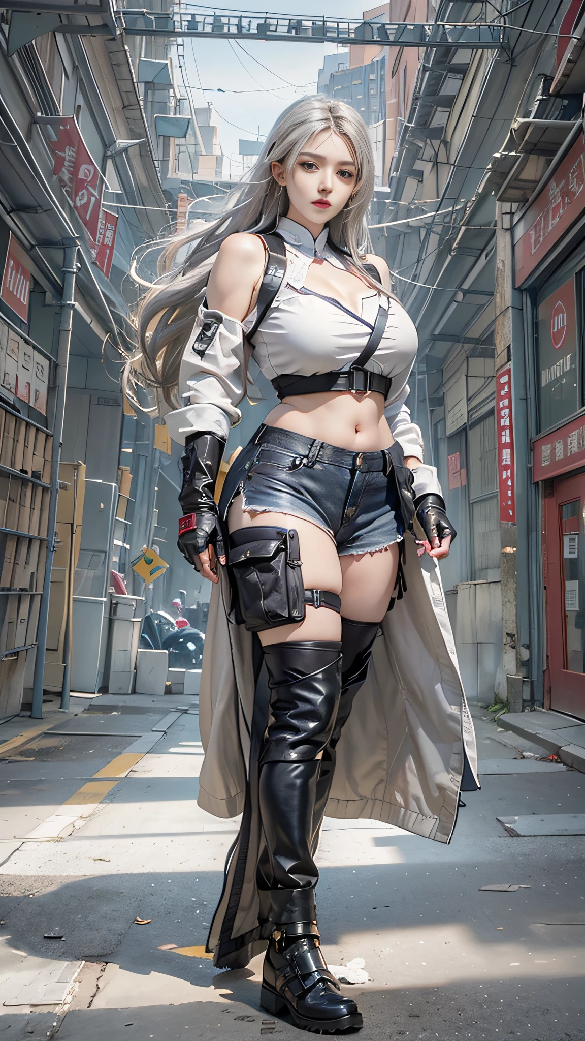 realisticlying, A high resolution, 1 fat woman, Shao Shao Fat，Alone, hip-up, view the viewer, (详细的脸), long whitr hair, SWAT vests, medium chest circumference, battlefield outfit, Silver set, bare shoulders​, Bare with thighs, Architectural background, foot on foot,,