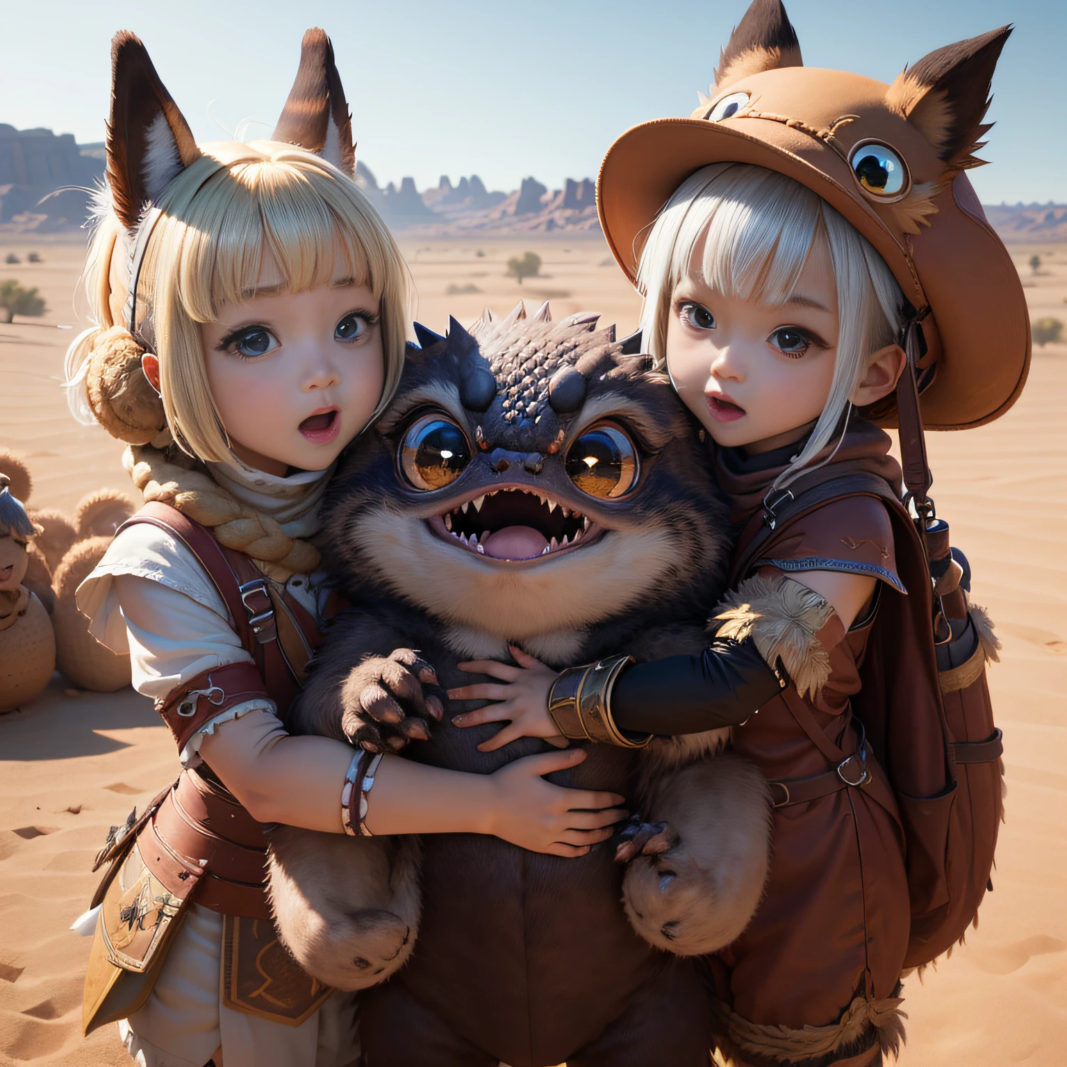 超A high resolution、An ultra-high picture quality、8K、Detailed details、marvelous expression、Lots of 、many small, A comical and cute monster becomes your friend...、everyone is playing together、Monster Hunter Character Costumes、Vast desert background、