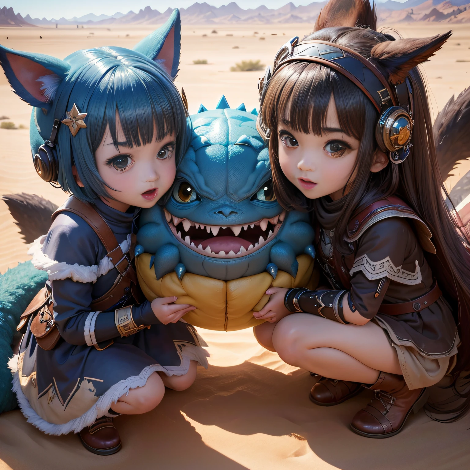 超A high resolution、An ultra-high picture quality、8K、Detailed details、marvelous expression、Lots of kids、Many little rabbit monsters are your companions、Monster Hunter Character Costumes、Vast desert background、