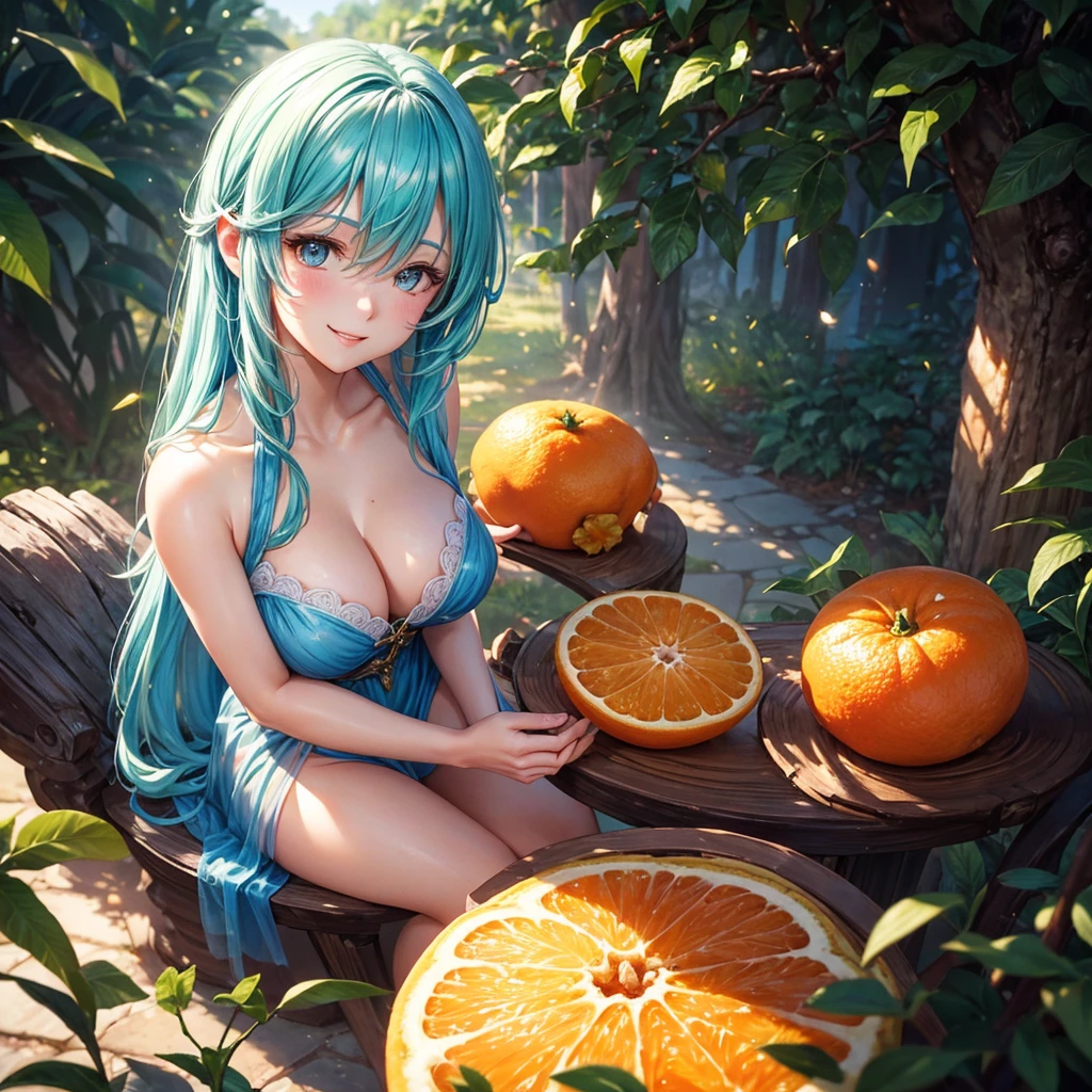 Style-Sylvamagic, Award-winning character concept art of beautiful dryad sitting on citrus tree, In a beautiful orange citrus grove, Citrus fruits of the tree, Amazing body, Smiling, Happy, Laughing, delight, Light blue hair, Golden horn, Beautiful Gossamer See-Through Dress, Blurry_Background, breasts, Smile, Voluptuous, Natural lighting, Medium_breasts, Lips, up looking_で_viewer, Solo, From  above, Highly detailed 8K character concept portrait studio lighting, Sunlight, Beautiful lighting,