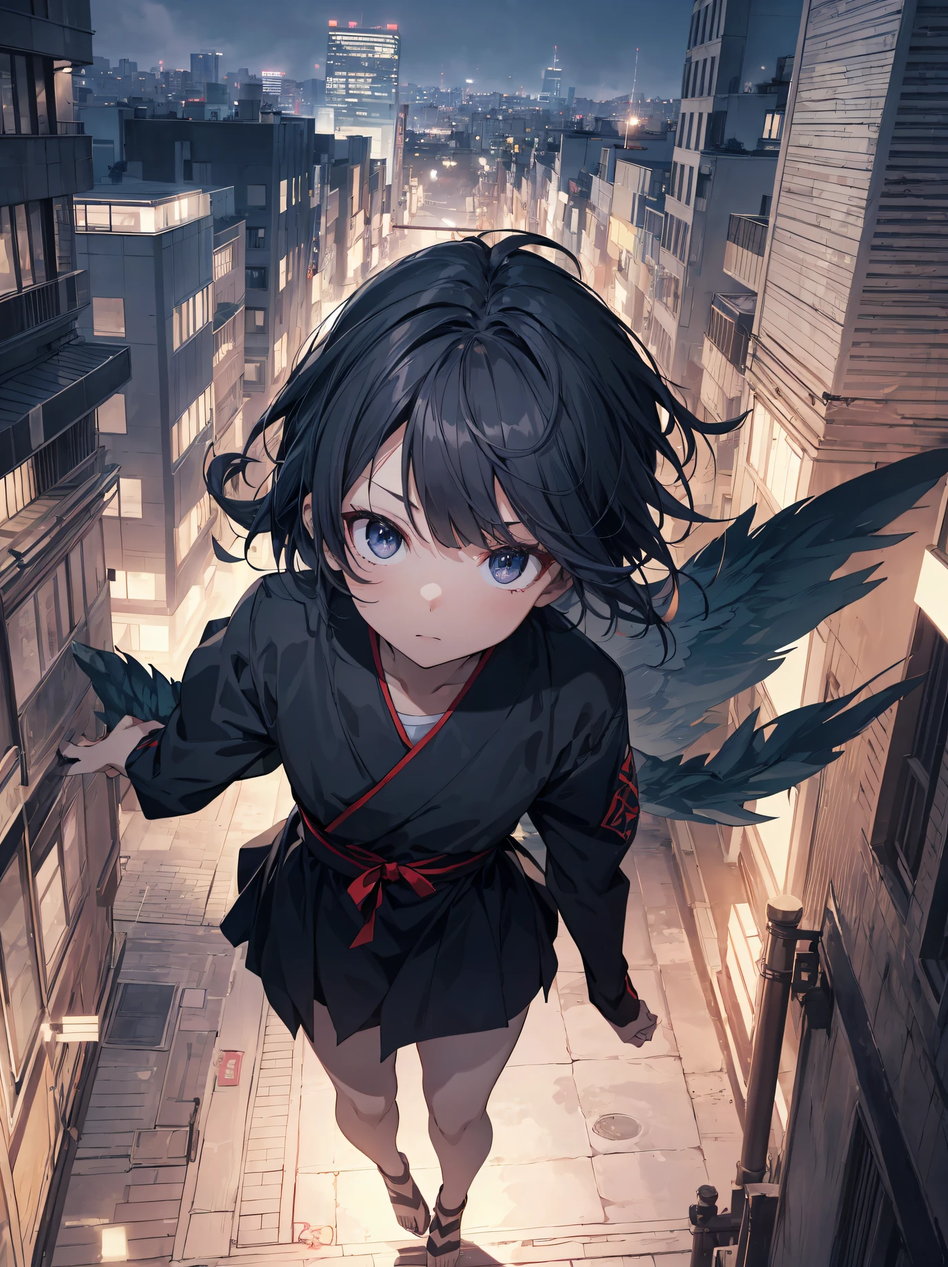 God quality,  anime moe artstyle,best anime 8k konachan wallpaper,badass anime 8k,perfect anatomy, (Please draw a picture of a ninja girl looking down on the city from the rooftop.)from above and side,dutch angle,break, 1girl, (Solo,Loli,child,13-year-old:1.3), androgynous charm, (Very Short hair), blunt bangs, Full limbs, complete fingers,flat chest, Small butt, groin, Small eyes,finely 8k detailed beautiful black eyes, kunoichi uniform, stand on the  skyscraper rooftop. break,ultra-detailed,high resolution,super detailed skin, professional lighting, (cool  illustration:1.2),