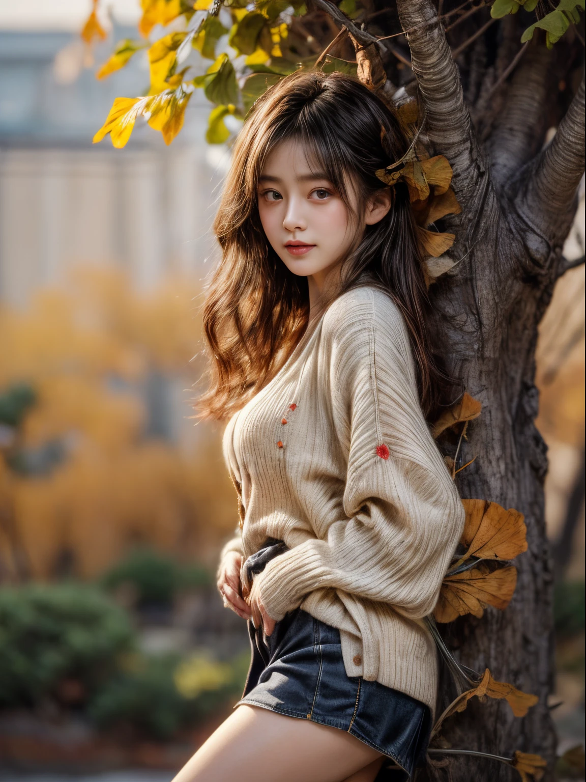 ​masterpiece、8K、32K、top-quality、(A detailed eye)、(A cute Japanese woman、bangss)、23years old、1 girl in、elegent、(Detailed background depiction、portlate:1.2)、(beaded embroidery cardigan、a miniskirt)、(Gingko tree、amarelo:1.4)、cowboy  shot、ssmile