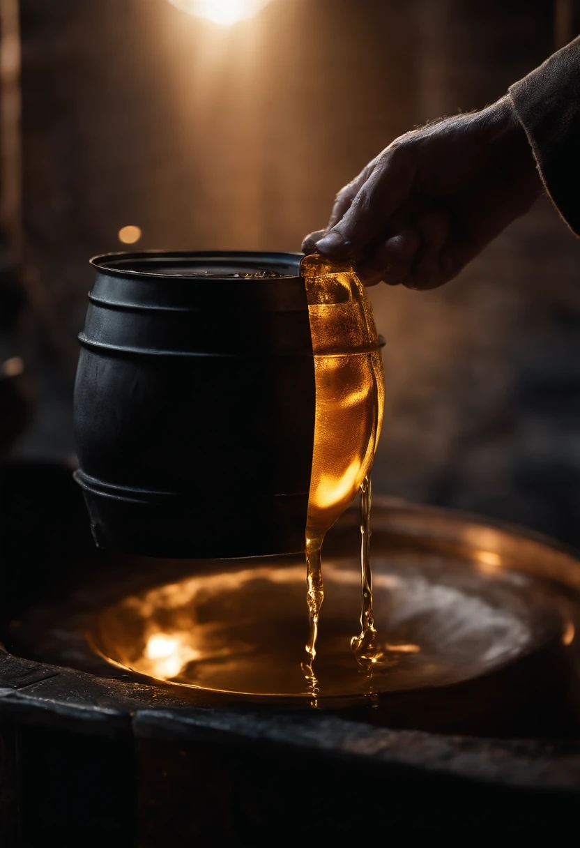 A close-up shot of a barrel of oil being opened, with the lid being lifted to reveal the dark, viscous liquid inside, creating a visually intriguing and mysterious image.