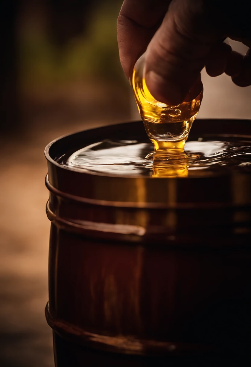 A close-up shot of a barrel of oil being opened, with the lid being lifted to reveal the dark, viscous liquid inside, creating a visually intriguing and mysterious image.