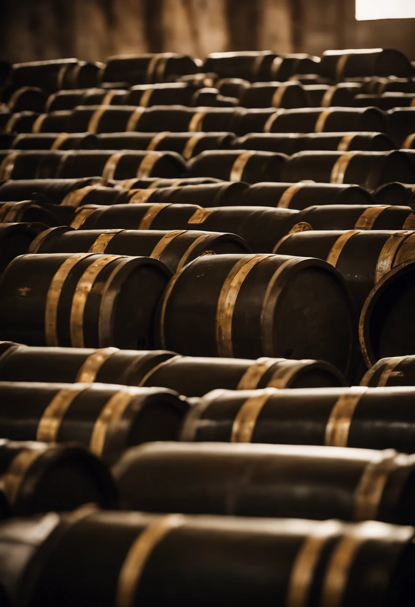 A high-resolution image of a barrel of oil being stored in a strategic reserve, with rows of barrels neatly organized and stacked, creating a visually impactful and powerful scene.