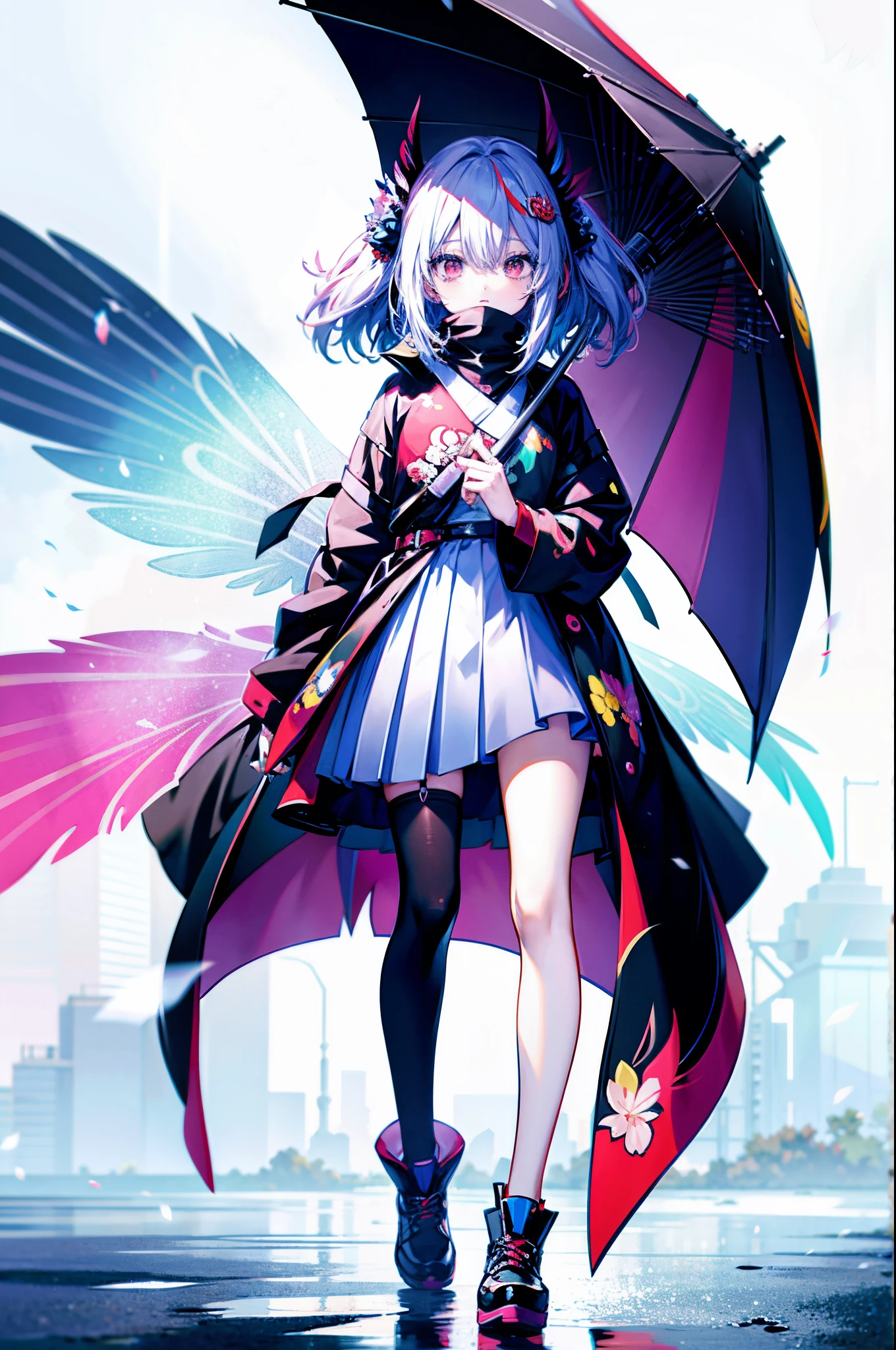 Anime girl with colorful wings and black umbrella，Long white hair, Anime art wallpaper 4k, Anime art wallpaper 4k, Anime art wallpaper 8 K, beautiful anime artwork, Anime style 4k, anime abstract art, beautiful anime art, Artwork in anime style, beautiful anime art style, anime style art, anime colours, anime illustration, Digital art on Pixiv, Anime style illustration