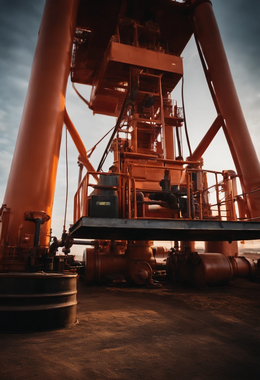 A visually pleasing composition of a barrel of oil being pumped at an oil rig, with the machinery and pipelines in action, creating a visually dynamic and industrious scene.
