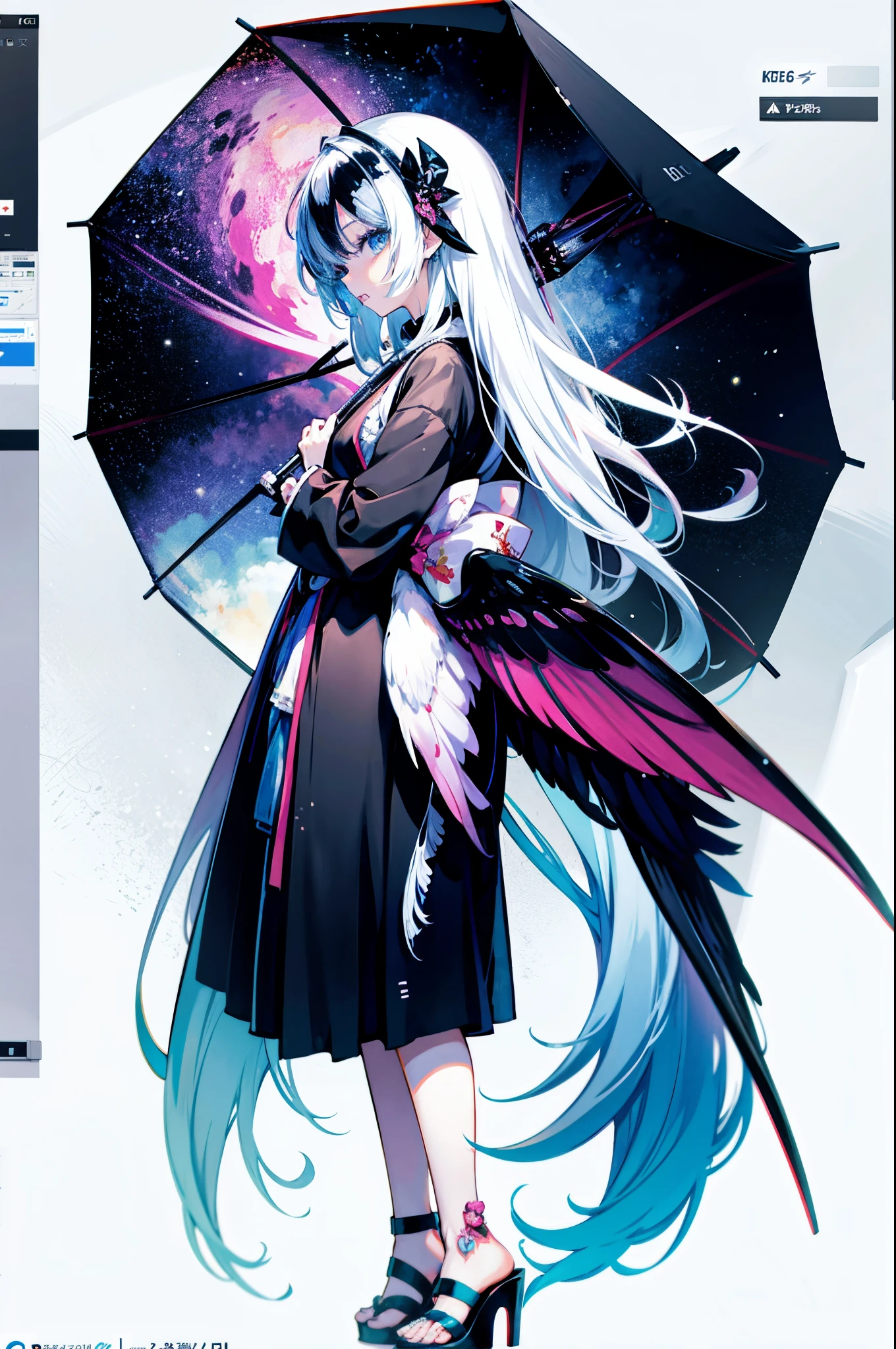 Anime girl with colorful wings and black umbrella,Long white hair, Anime art wallpaper 4k, Anime art wallpaper 4k, Anime art wallpaper 8 K, beautiful anime artwork, Anime style 4k, anime abstract art, beautiful anime art, Artwork in anime style, beautiful anime art style, anime style art, anime colours, anime illustration, Digital art on Pixiv, Anime style illustration