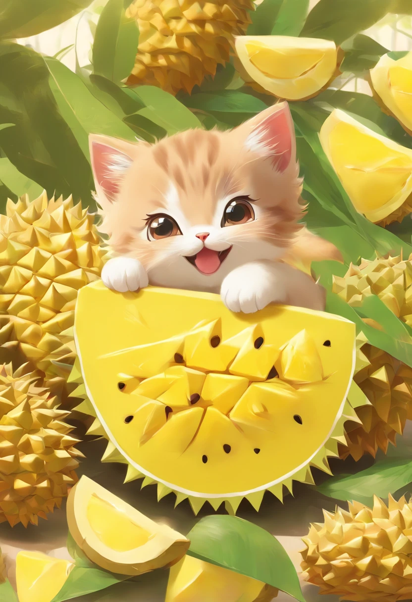 Cute vector of a kitten with durian, style of anime, M Jenny style, Digital illustration, nearing perfection, The is very detailed, smooth private parts, Focus sharp, illustratio, 4K分辨率