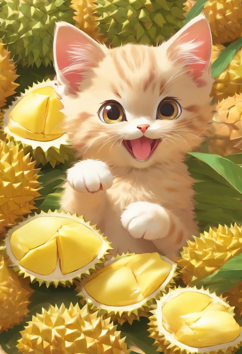 Cute vector of a kitten with durian, style of anime, M Jenny style, Digital illustration, nearing perfection, The is very detailed, smooth private parts, Focus sharp, illustratio, 4K分辨率