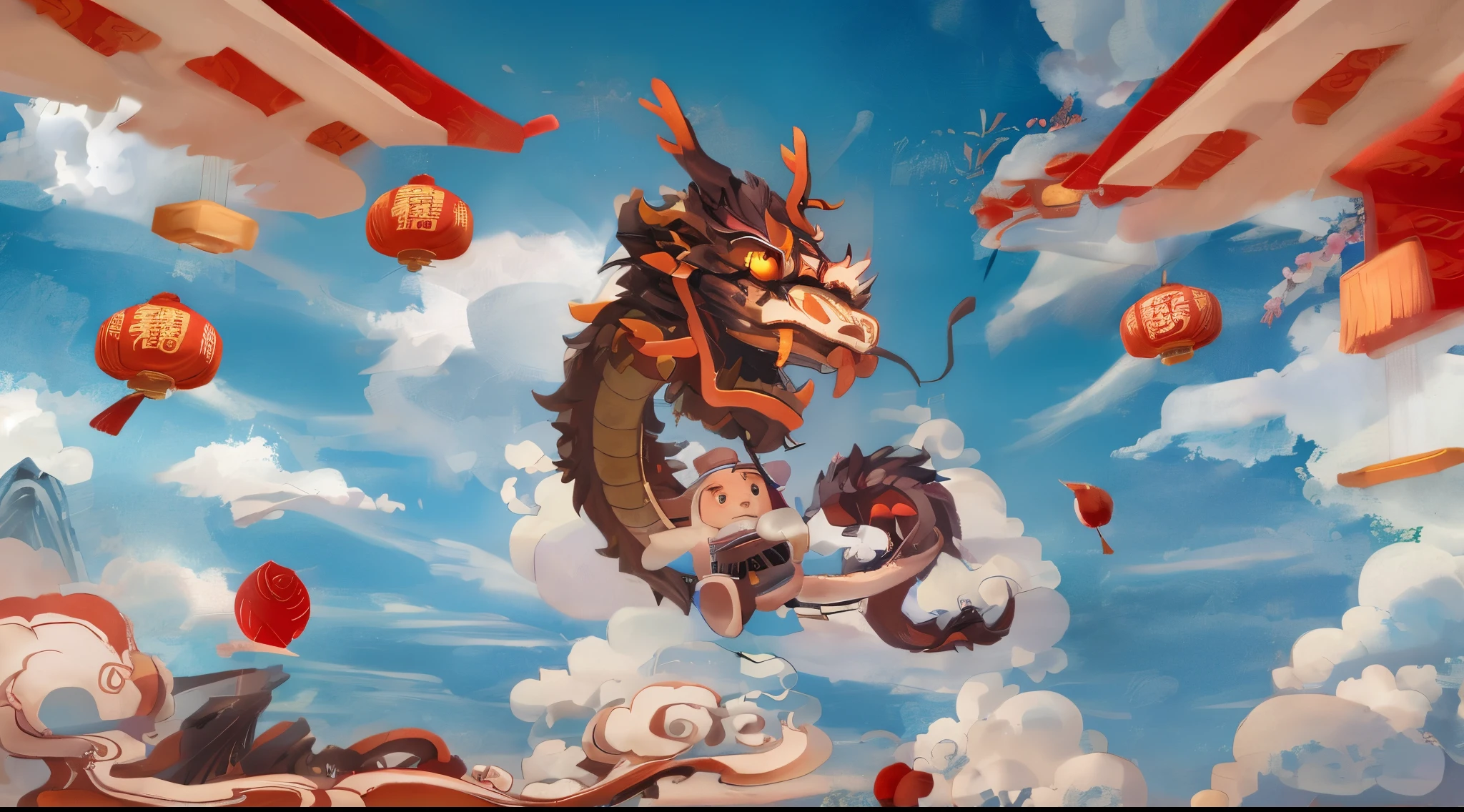com mascot，Dragon dance，chinesedragon，Clouds，On the cloud，Chinese New Year