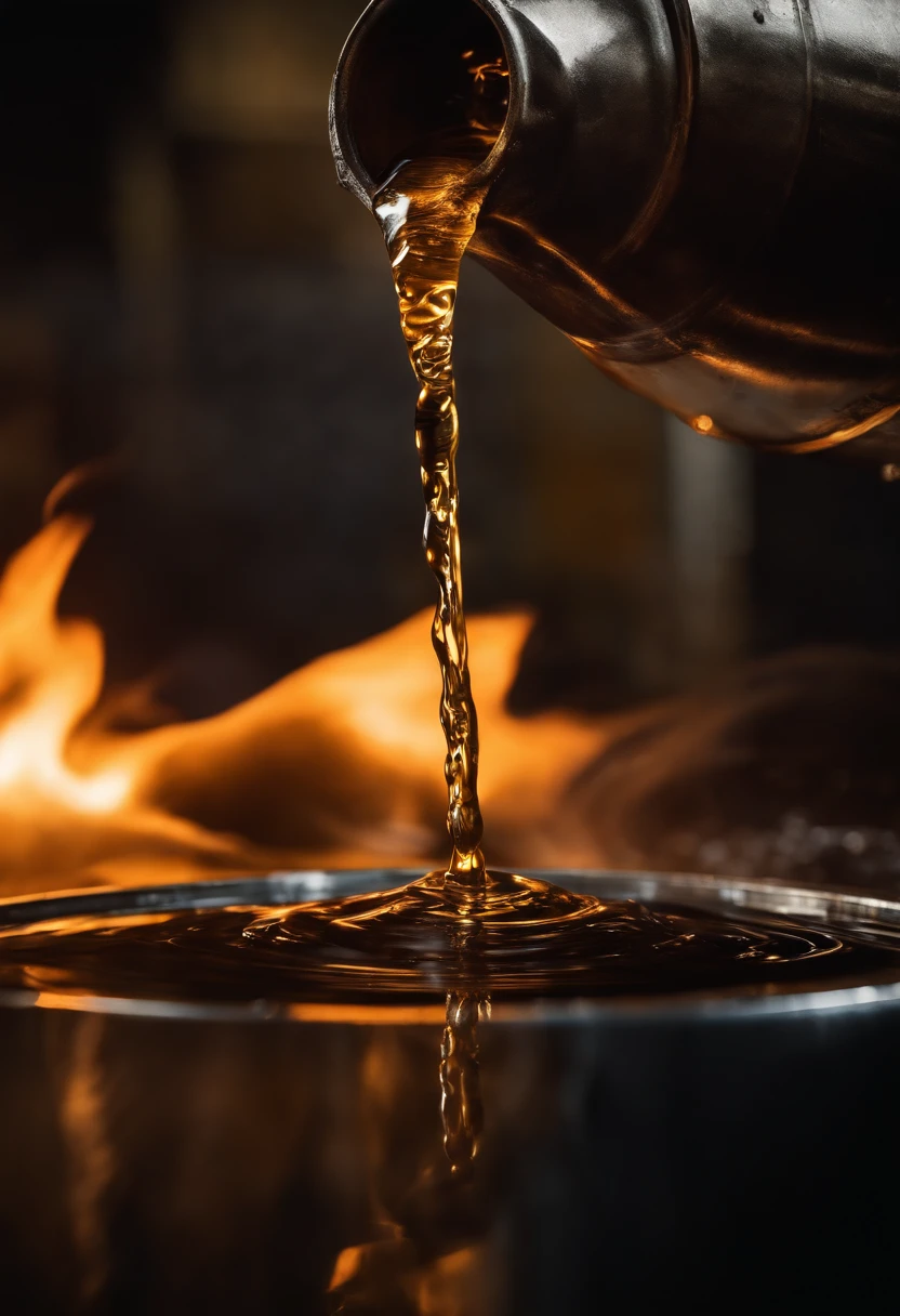 A high-resolution image of a barrel of oil being poured into a refinery tank, with the liquid flowing and creating abstract patterns, capturing the energy and movement of this valuable resource, creating a visually mesmerizing and abstract scene.