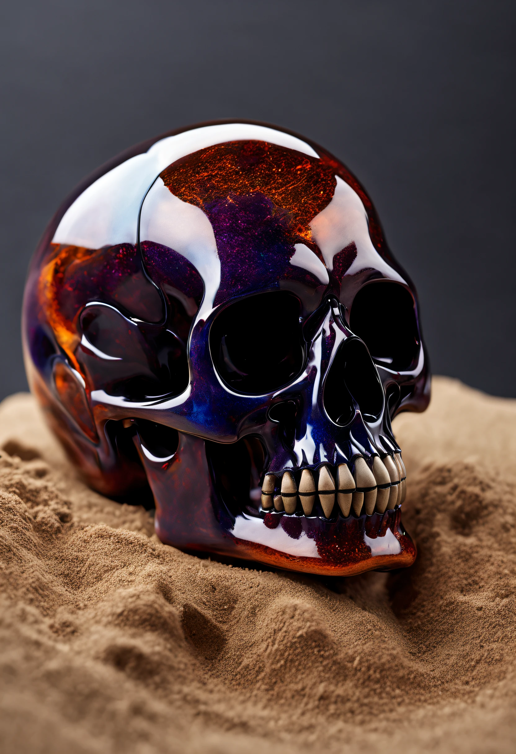 A realistic colored glass skull, beautiful and detailed. inside they are textured like colorful whirlwind sand