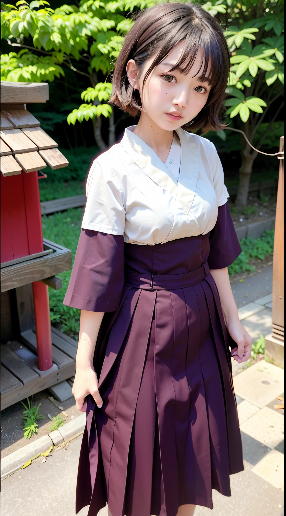 short hair outdoors shrine fair skin messy hair open mouth Japanese woman、Super Cute、Soft and face、Brown hair、8K resolution、A hyper-realistic、ultra-definition、 Soft body toned ass night、A cup small breasts((Highest Definition、8K、masterpiece:1.3))、Ultra-fine face、Ultra Fine Lips、Fine eyes、二重まぶた、shrine maiden、Crimson Hakama