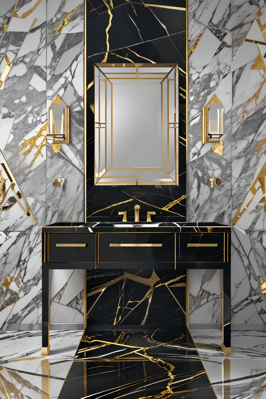 a close up of a bathroom sink with a mirror and a mirror, black marble and gold, baroque marble and gold in space, marble walls, gold and luxury materials, marble and hint gold, marble and gold, mirror and glass surfaces, rich lighting, black and gold rich color, smooth marble surfaces, white marble walls, sconces, gold and black color scheme