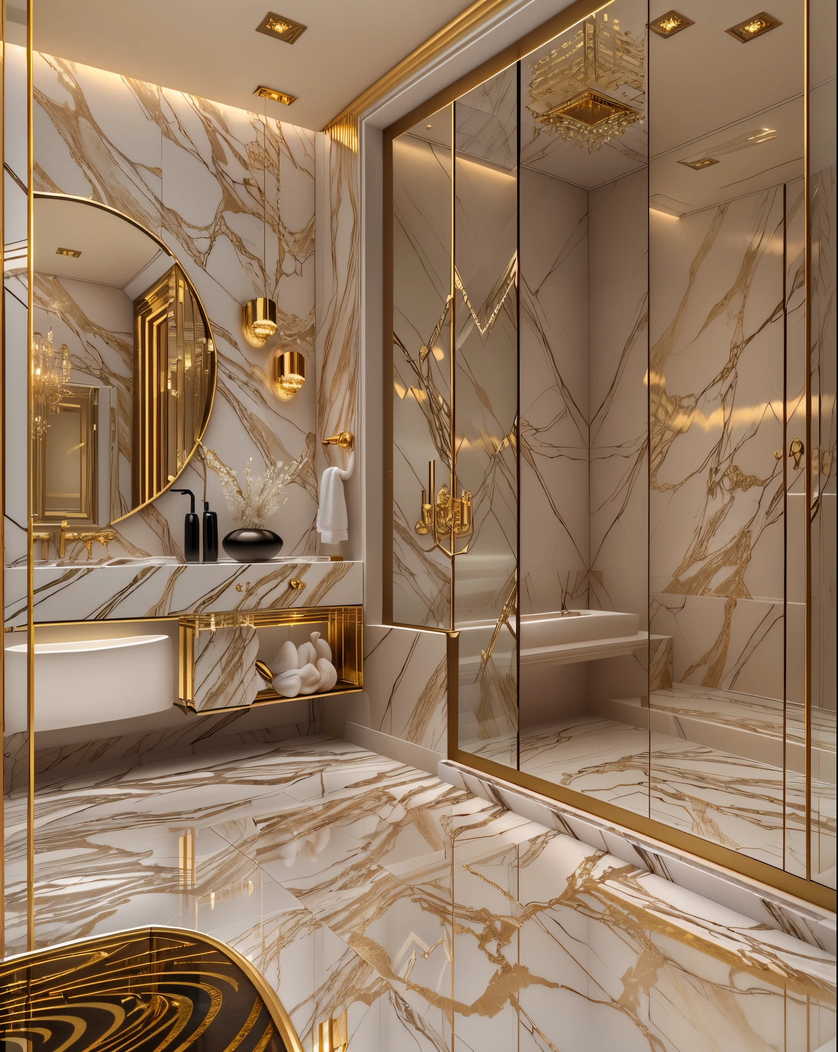a rendering of a bathroom with a walk in shower and a large mirror, gold and luxury materials, premium bathroom design, luxury hd render, marble and wood and glass, excellent 3d render, marble and gold, elegant and refined, marble and hint gold, modern bathroom, high quality 3d render, high quality 3 d render, baroque marble and gold in space