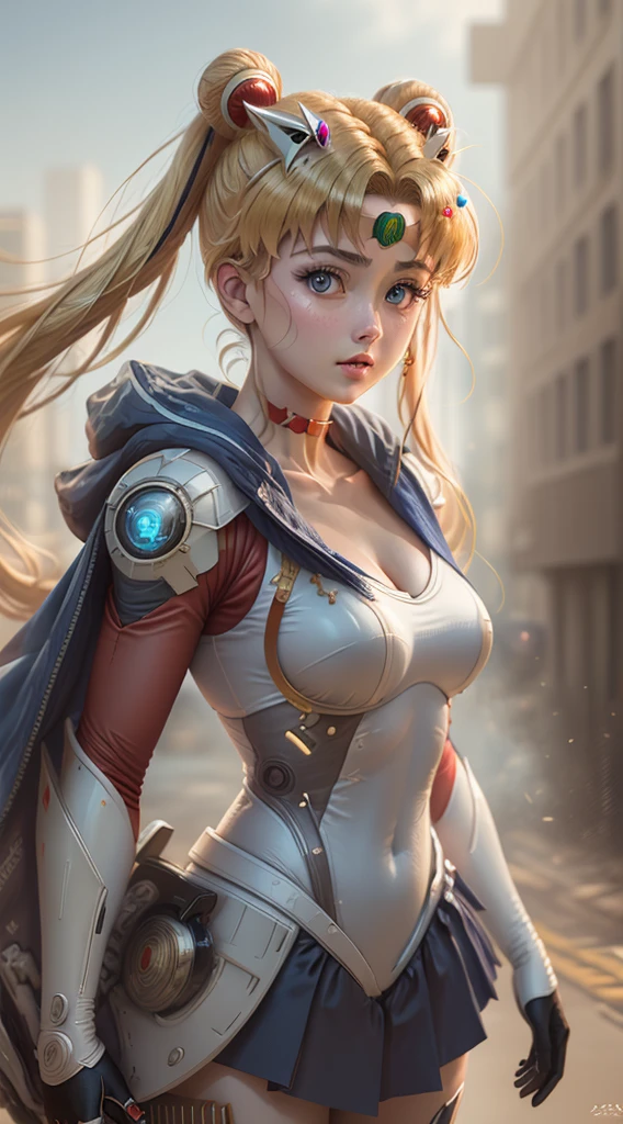 cowboy shot, masterpiece, best quality, high resolution, A real life adaption of tsukino usagi, blonde hair, cyborg, battle suit, exquisite face, hyper realistic, RED and BLUE color, sfw