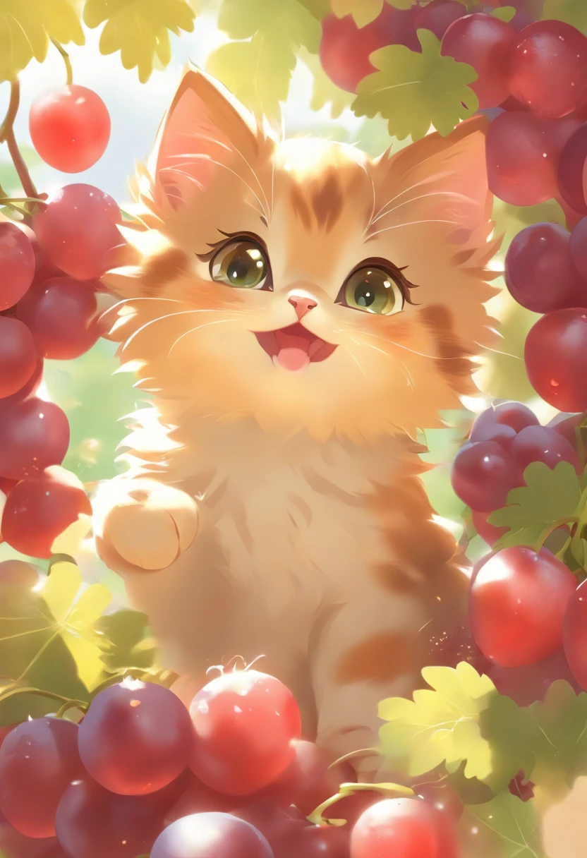 Cute vector of a kitten with grapes, style of anime, M Jenny style, Digital illustration, nearing perfection, The is very detailed, smooth private parts, Focus sharp, illustratio, 4K分辨率