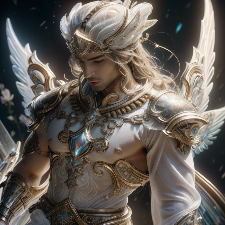 masterpiece, MOVIE POSTER, best quality, high resolution,(1man, solo, male) ((CLOSEUP PORTRAIT)) (DETAILED EYES) (MUSCULAR MEN) ((CRYSTALINE)) ((WEARING ARMOR, CLOTHES, ACCESSORIES)) (( ANGEL KING)) | A divine being with long flowing blond hair, expansive angel wings made of large white feathers. Adorned in clothing reminiscent of a Greek god—long, white, and adorned with golden, toned details. The character has almond, bright light brown eyes, holding a spear that rests on the heavenly ground. Set in the ethereal (FLOWER GARDEN) beauty of heaven, Envelop yourself in the celestial allure of Angel's Trumpet.  | ((WEAR UNDERWEAR)) (((BIG BULGE))) (((MASSIVE GIANT BULGE))) showcasing their physique with (SEXY POSE) male focus, solo focus, muscular, male, a man, VOLUMETRIC LIGHTNING, DEEP OF FIELD, amazing composition, front view, HDR, volumetric lighting, ultra quality, elegant, highly detailed, PSD, Sharp Focus, High resolution 8K, realistic & Professional Photography, 8K UHD, Soft lighting, High quality, Film grain, FujifilmXT3,high-quality, ultra-detailed illustrations, ultra-high resolution, (high resolution, overwhelmingly pixel-perfect, luxurious illustration), (Ultra Quality, Masterpiece, Ethereal:1.4) photorealistic:.1.4, UHD (8k, RAW photo, best quality, masterpiece:1.2),(realistic, photo-realistic:1.37)