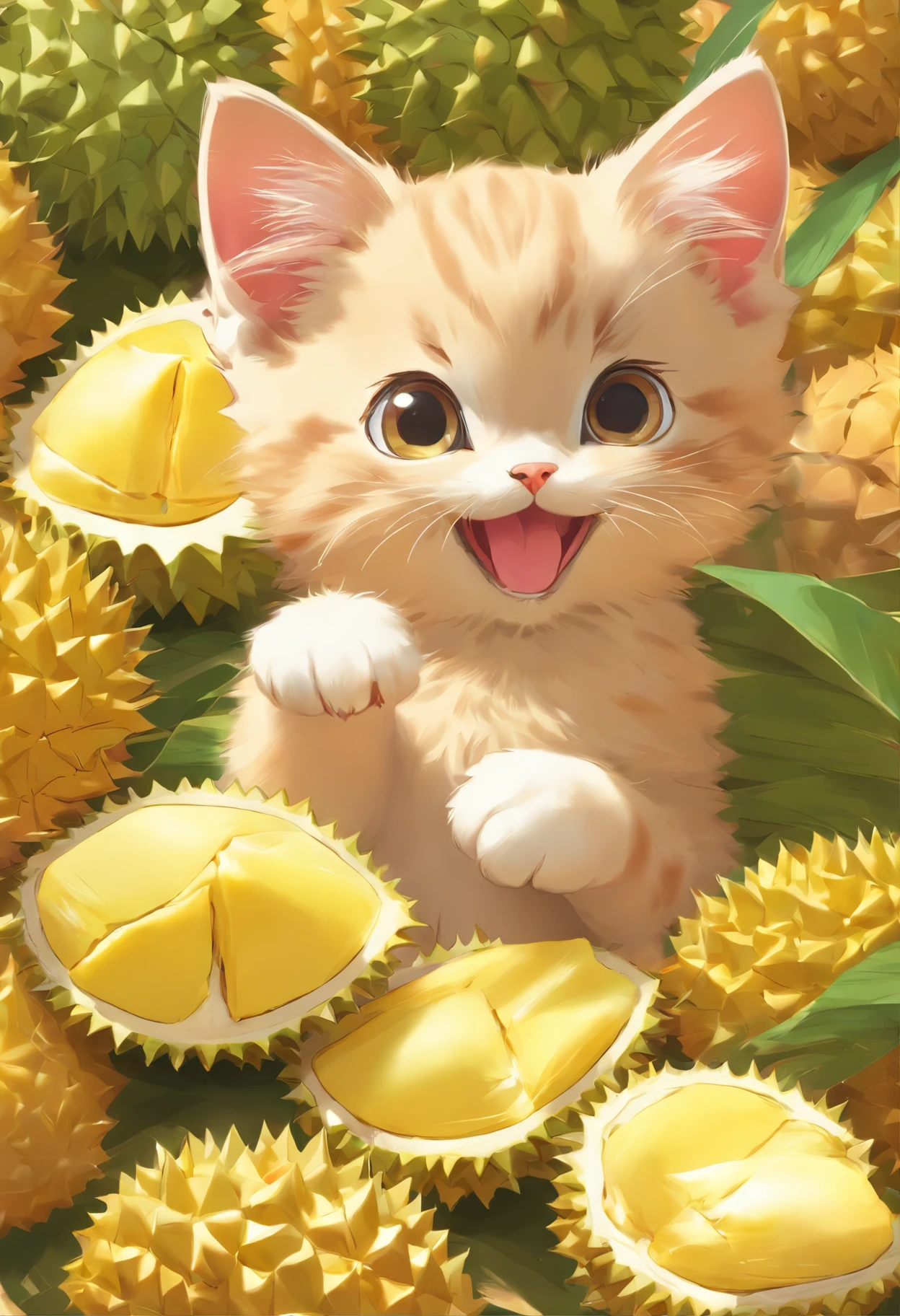 Cute vector of a kitten with durian, style of anime, M Jenny style, Digital illustration, nearing perfection, The is very detailed, smooth private parts, Focus sharp, illustratio, 4K分辨率