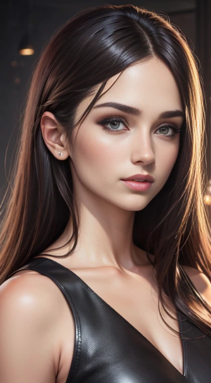 quality (photo realistic style, UHD, 16k, textured leather, hight resolution), a portrait of a beautiful woman, The perfect female face, dark colored hair, white dress with closed neckline