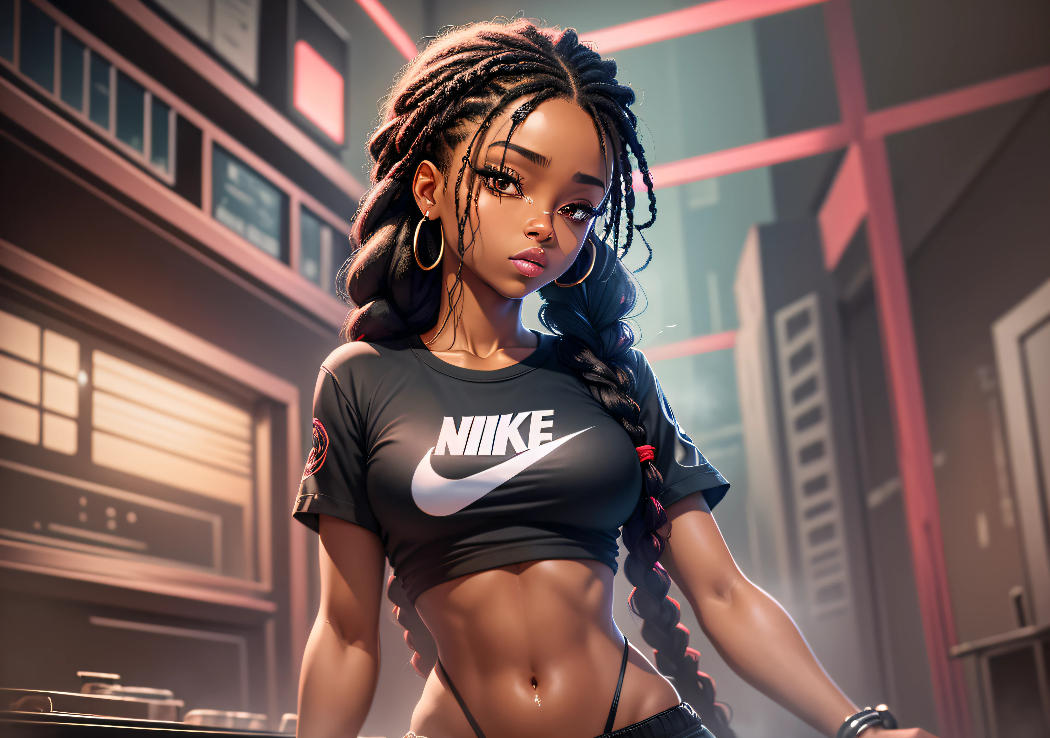 Gorgeous and pointed breasts, top less (1girl), afro girl, ebony girl, (big breasts : 1.5), tanned, damp skin, sweaty skin, black skin wavy blonde hair, punk t-shirt, micro skirt, (no panties : 1.5), with pimennta tattoo on pubis and belly, punk girl
